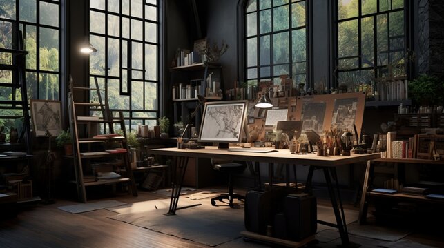 Interior Design: Captivating Cozy Industrial Art Nook With Metal Accents And Warm Lighting - AI-Generative