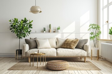 A mockup of a modern living room with cream white wall and a sofa with cushions. Minimalist decor