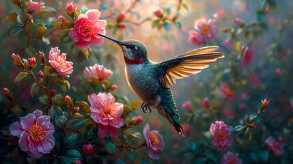 Hummingbird Among Flowers