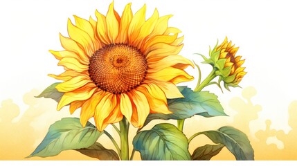 Naklejka premium A watercolor drawing of a sunflower, its bright yellow petals contrasting against the blue sky, creating a picturesque countryside scene.
