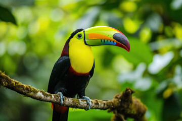 Fototapeta premium Keel-billed Toucan, Ramphastos sulfuratus, bird with big bill. Toucan sitting on the branch in the forest, Boca Tapada, green vegetation, Costa Rica. Nature travel Central America