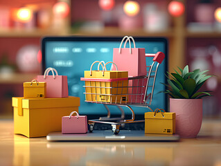 Online shopping e-commerce and customer experience concept: cashiers with shopping cart on a laptop keyboard, depict shopper consumers buy or purchase goods and services at home or office - obrazy, fototapety, plakaty