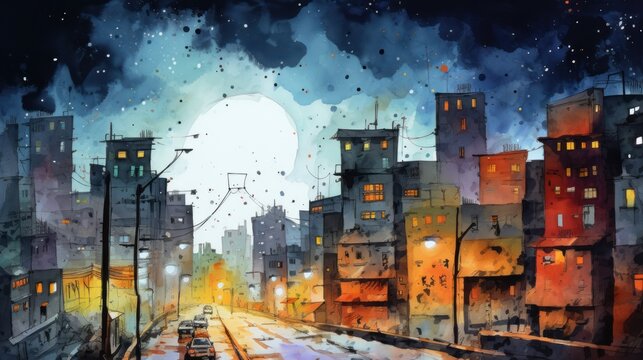 Night cityscape: Watercolor image depicting an old town with dark streets and artistic buildings. A unique painting capturing the urban landscape.