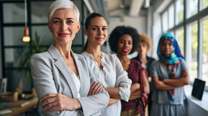 Group of diverse professional women confidently standing in a line, with the woman in the foreground crossing her arms, showcasing a strong and united front in a workplace setting.