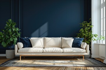 A mockup of a modern living room with a navy blue wall and a white sofa