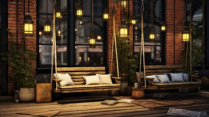 Serene Industrial Outdoor Retreat: A Cozy Porch Swing Area with Metal Accents - AI-Generative