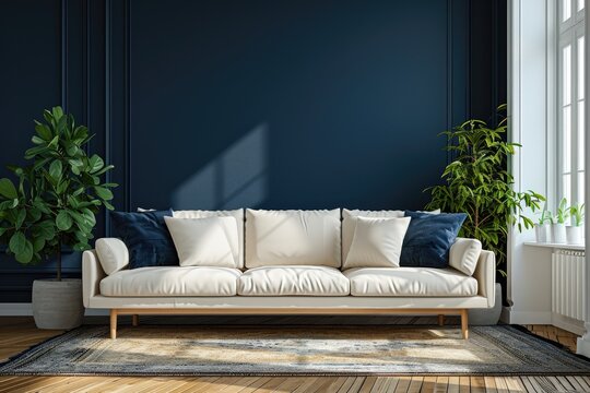 A mockup of a modern living room with a navy blue wall and a white sofa