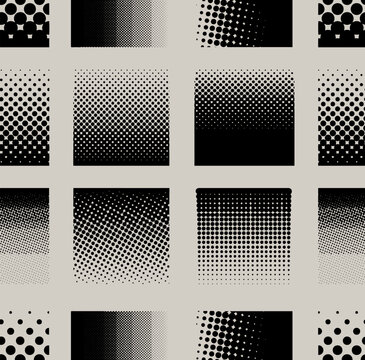 Seamless square halftone element, monochrome abstract graphic prepress or generic concepts. Halftone set with square dots. Seamless shape with dotted gradient. Modern trendy vector.