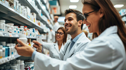 Smiling pharmacists in white coats, working and discussing medication options in a well-stocked pharmacy. - obrazy, fototapety, plakaty