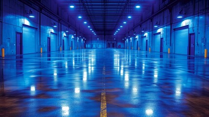 Empty industrial warehouse at night with reflective epoxy flooring
