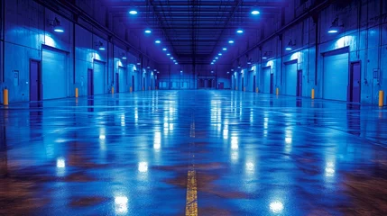 Fotobehang Empty industrial warehouse at night with reflective epoxy flooring © OKAN