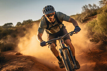 Action shot of a young man riding a mtb bicycle on a dirt track. Off-road trail riding. Action sports, Mountain bike skillful cycling