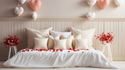 White bed for couples in a romantic and warm atmosphere.  Love valentine concept
