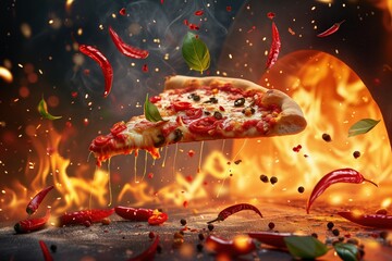 Illustration from a hot chili slice of pizza in the air, flames from a furnace in the background