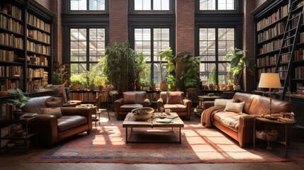 Serene Industrial Reading Room with Exposed Brick Walls and Comfortable Flooring - AI-Generative - obrazy, fototapety, plakaty