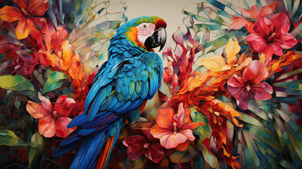 Fototapeta premium Tropical Rainforest color palette, blending the lush greens and vibrant blues and reds of a parrot's plumage, creating a visually captivating and harmonious composition background Ai Generative