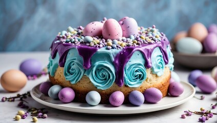 Easter cake with blue icing and colorful eggs, selective focus