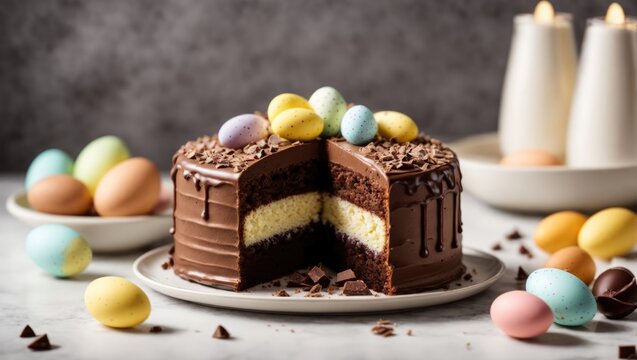 Easter chocolate cake with chocolate glaze and eggs 