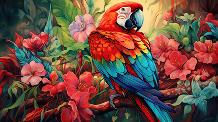 Tropical Rainforest color palette, blending the lush greens and vibrant blues and reds of a parrot's plumage, creating a visually captivating and harmonious composition background  Ai Generative
