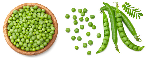 Fresh green pea pods with green peas isolated on white background. clipping path. top view