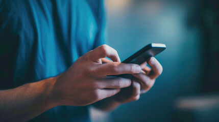 Person's hands are shown using a smartphone, with the focus on the hands and the phone