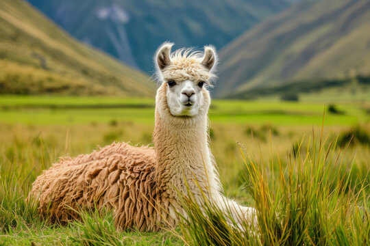 The llama, Lama glama domesticated South American camelid animals on the green meadow in the Andes mountains. Cute furry alpaca or lama portrait
