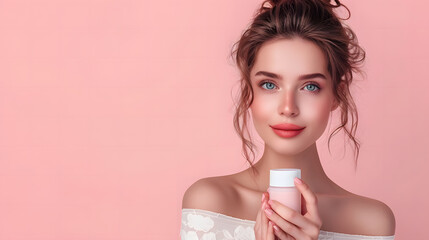 Luxury Skincare Product, Perfect Skin Model, Elegant Beauty Presentation, Skincare Photography, Copyspace, Face cream.