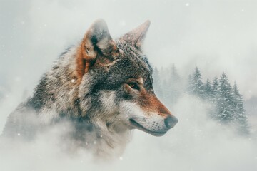 Blended image of wolf and wintery forest