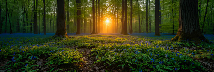 Morning Glory in the Forest. Sunbeams Dancing Through the Woodland