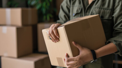Person's torso holding a cardboard box, with a focus on the package, suggesting a delivery or moving scenario.