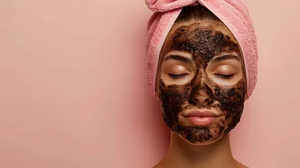 Foto op Plexiglas Schoonheidssalon portrait of a woman in a coffee mask, Coffee Facial Scrub, Natural Exfoliation, Woman with DIY Skincare, Copyspace,, Facial treatment