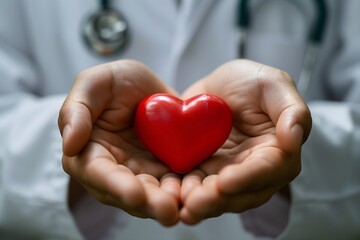 Experience compassion in healthcare with our stock photo a male medicine doctor delicately holding and covering a red toy heart. A powerful image of care and empathy.