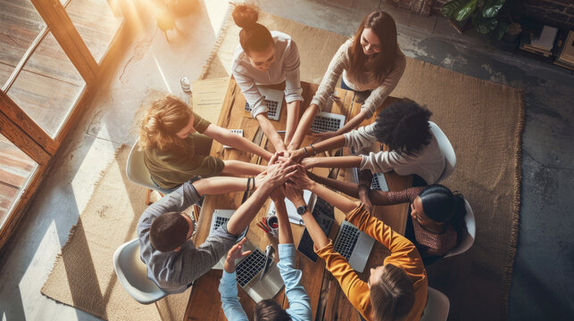 Group of people's hands joined together in the center of a table filled with work materials, signifying teamwork and collaboration.
