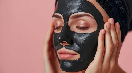 Charcoal Face Mask, Detoxifying Facial Treatment, Woman with Skincare Product, Woman with mask, Skincare Photography, Copyspace, Facial treatment
