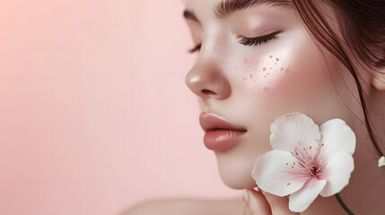 Fototapeta premium Close-Up Beauty Portrait, Dewy Skin with Flower, Serene Female Face, , Fair skin, Skincare Photography, Copyspace,