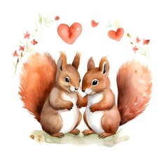 Cute Squirrels for Valentines Day. Watercolor. Clipart is a great choice for creating cards, invitations, party supplies and decorations. AI generated.