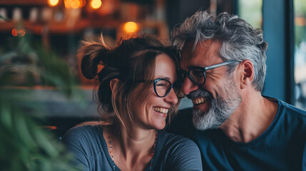 Nice elderly couple enjoying retirement and drinking coffee in a cozy cafe. An adult man and woman spend time together. Active pension. Concept of love, relaxation.