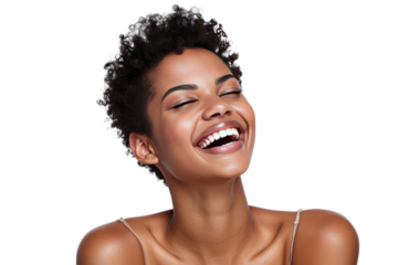 Studio portrait of a beautiful African American woman with clean healthy skin isolated on transparent png background.	