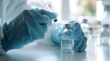 Fototapeta premium Close-up of a person's hands wearing blue gloves while drawing a clear liquid from a vial into a syringe, suggesting a medical or laboratory setting.