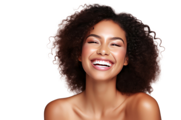 Studio portrait of a beautiful African American woman with clean healthy skin isolated on transparent png background.	