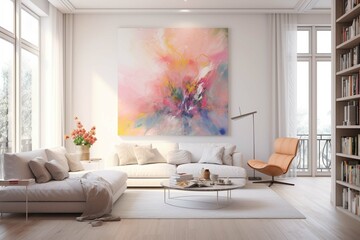 Bright minimalistic interior, contemporary design for living room with huge painting of the art painting