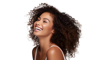 Studio portrait of a beautiful African American woman with clean healthy skin isolated on transparent png background.	