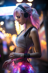 Fototapeta na wymiar Young beautiful girl with earphones, wearing futuristic dance suit, before performance. Girl in cyberpunk clothes with earphones. Night lighting background, realistic portrait, neon colors