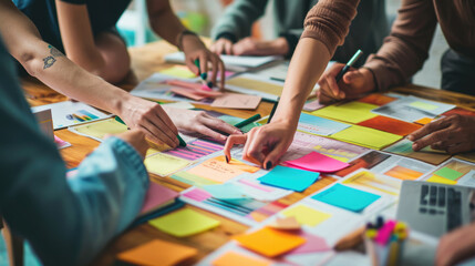 Obraz premium ?lose-up view of several hands collaboratively working on a project with colorful sticky notes, papers, and digital devices on a wooden table.