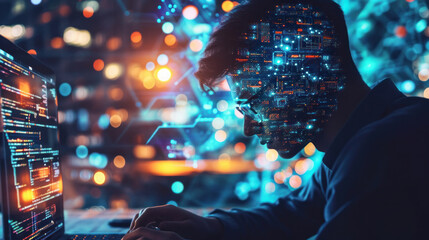 A concentrated man works on a computer and conducts analysis using neural networks. Worldwide interface. The young man absorbs information. Technology concept. - obrazy, fototapety, plakaty