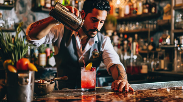 Bartender is pouring a cocktail into a glass