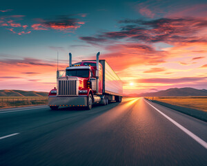 truck for highway transport at sunrise