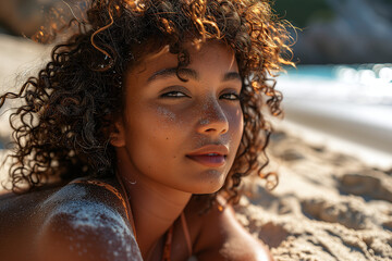 Young black african american woman in beachwear enjoy sunny day at the beach. Satisfied beautiful girl with afro hair relaxing and sunbathing at the beach. Vacation concept