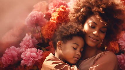 A happy afroamerican mother with her baby son huggin with eyes closed on a peony flowers ground