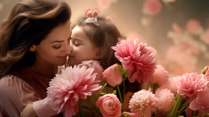 Obraz na płótnie Canvas A mother and her baby daughter happy close to each other hugging with flowers around them
